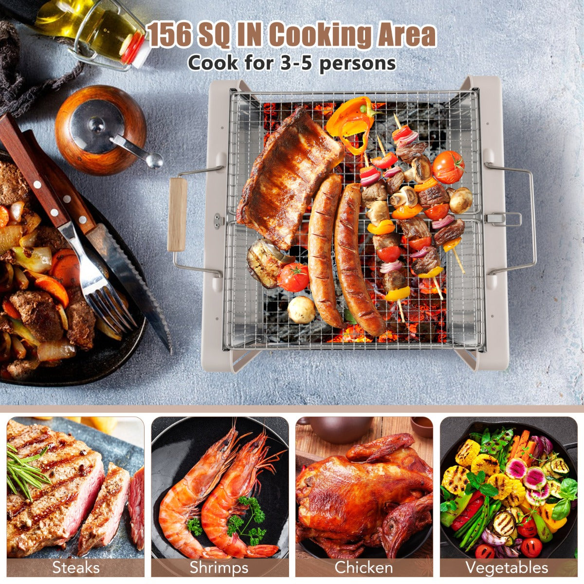 Lightweight 2.5 kg portable grill features handles for easy carrying on outdoor trips