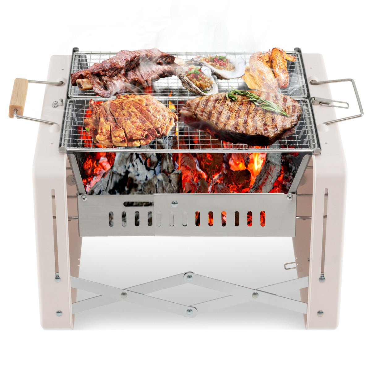 Locking latches secure the foldable grill for safer carrying and compact storage