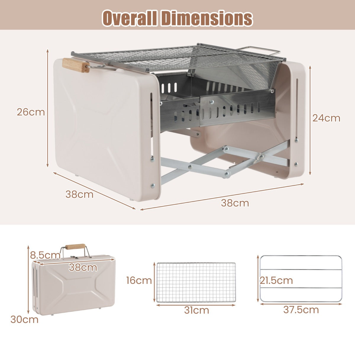 Portable charcoal grill with two stainless steel grids for outdoor cooking and barbecues