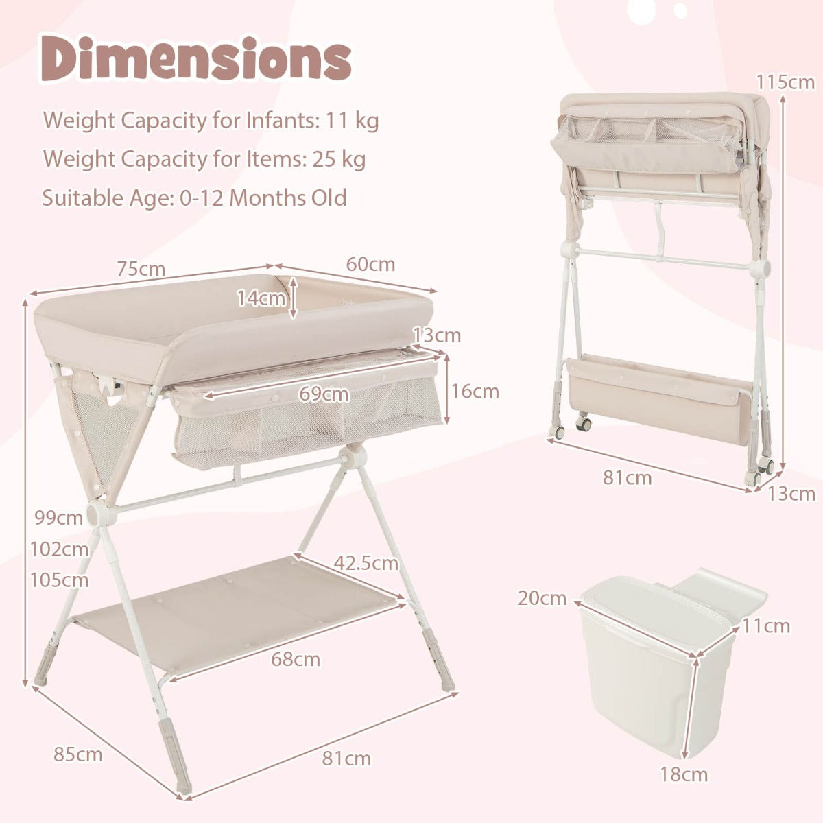 Portable Folding Baby Changing Table for Infant Newborn Nursery-Beige
