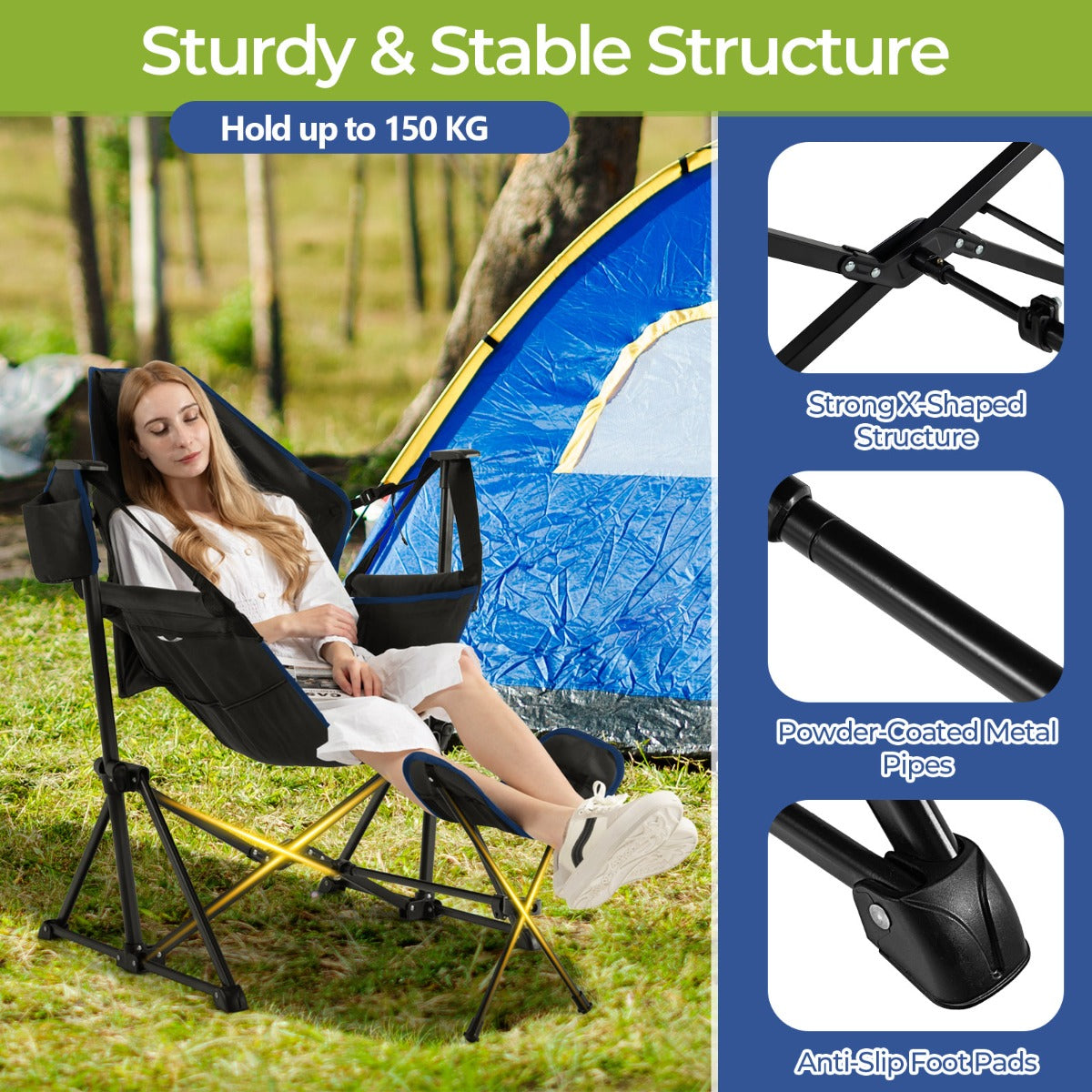 Portable Folding Camping Lounge Chair with Footrest  for Beach Lawn Fishing-Black