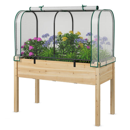 Elevated Wooden Raised Garden Bed with Mini Greenhouse-White