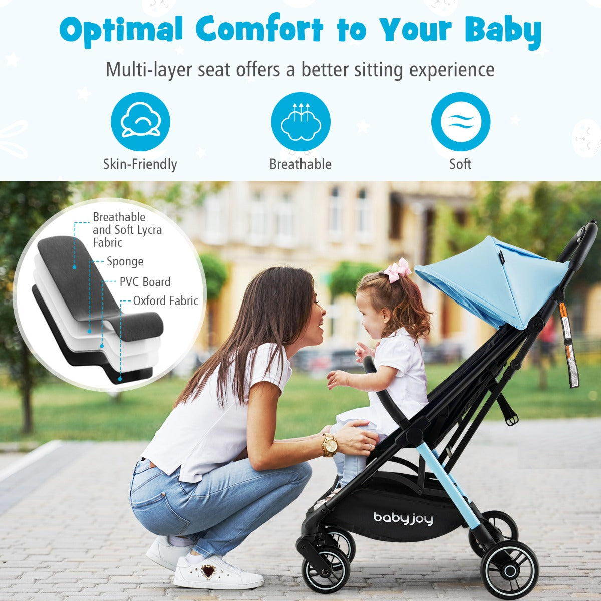 Self Standing Gravity Fold Infant Stoller with Adjustable Canopy for 0-3 Years Old-Blue