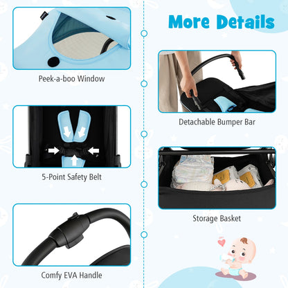 Self Standing Gravity Fold Infant Stoller with Adjustable Canopy for 0-3 Years Old-Blue