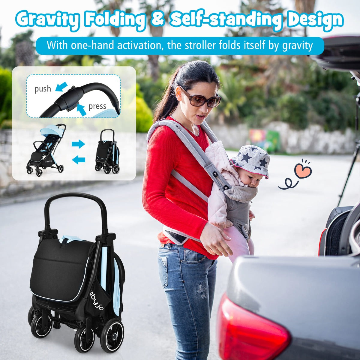Self Standing Gravity Fold Infant Stoller with Adjustable Canopy for 0-3 Years Old-Blue