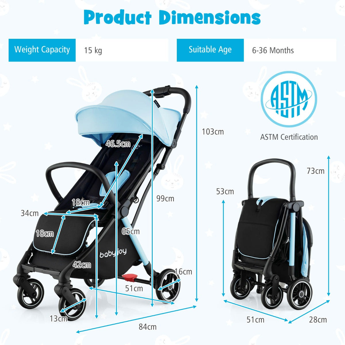 Self Standing Gravity Fold Infant Stoller with Adjustable Canopy for 0-3 Years Old-Blue
