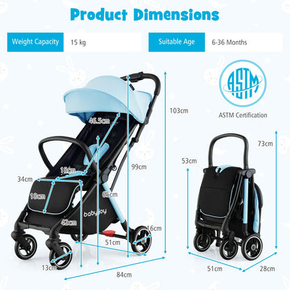 Self Standing Gravity Fold Infant Stoller with Adjustable Canopy for 0-3 Years Old-Blue