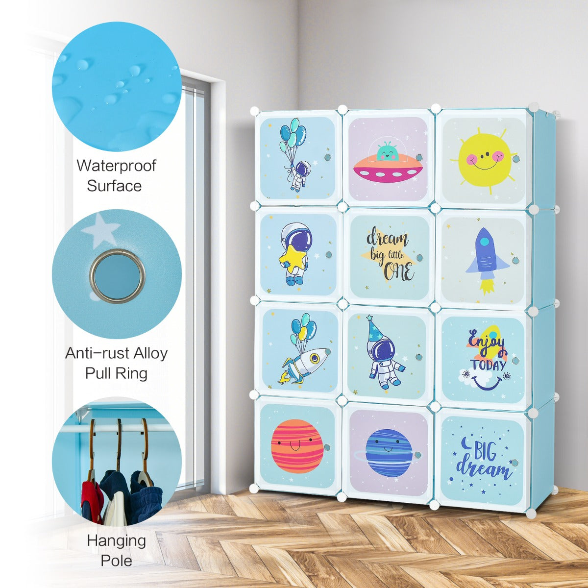 12-Cube Kids Wardrobe Closet Organizer with Hanging Section and Cute Design