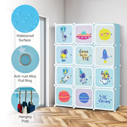 12-Cube Kids Wardrobe Closet Organizer with Hanging Section and Cute Design