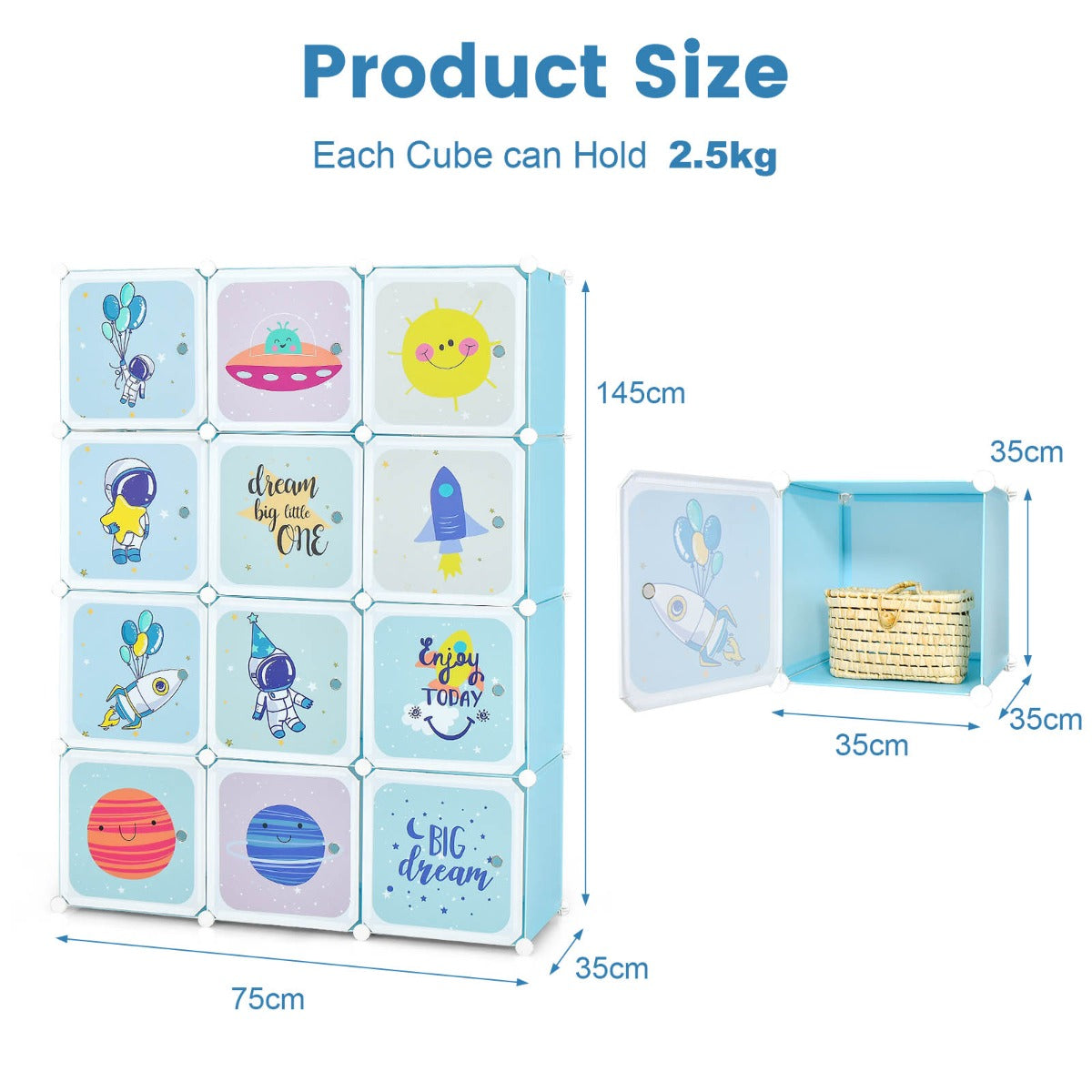 12-Cube Kids Wardrobe Closet Organizer with Hanging Section and Cute Design