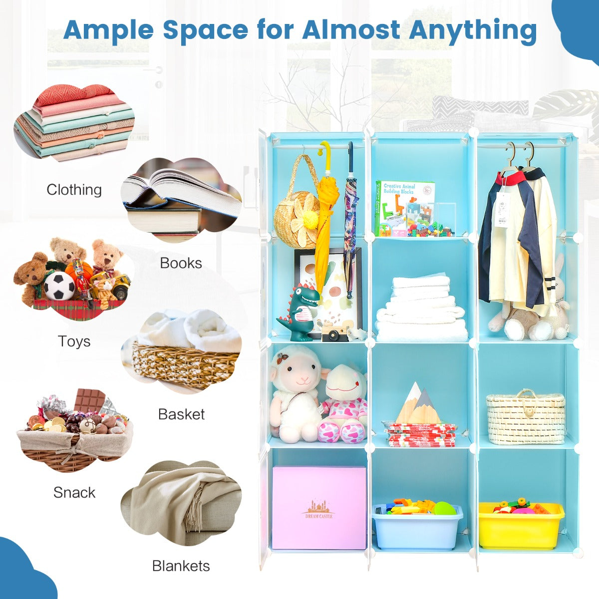12-Cube Kids Wardrobe Closet Organizer with Hanging Section and Cute Design