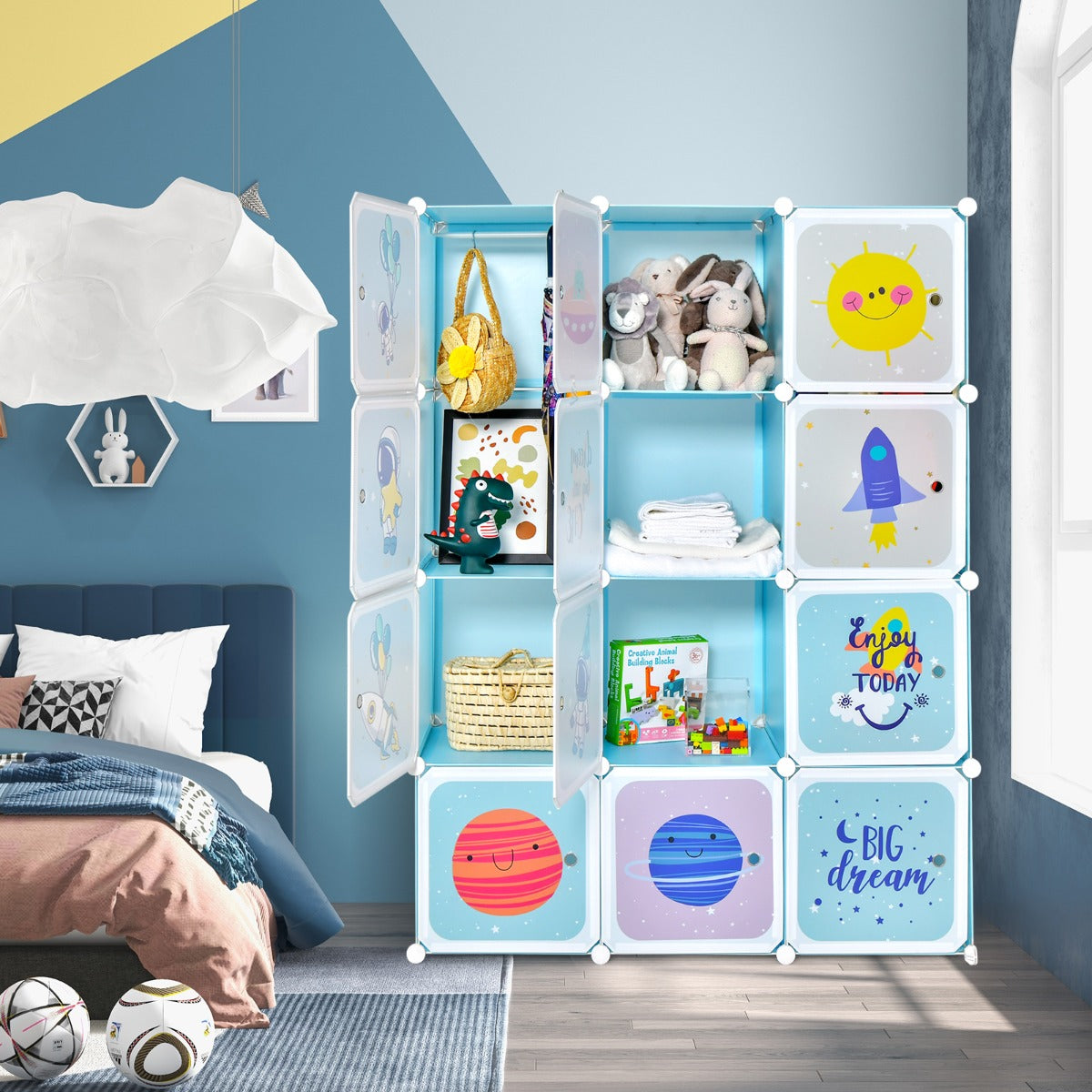 12-Cube Kids Wardrobe Closet Organizer with Hanging Section and Cute Design