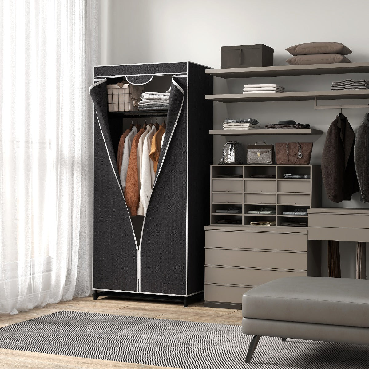 Portable Single Wardrobe with Dust-proof Cover and Zippers for Garments/Shoes/Toys