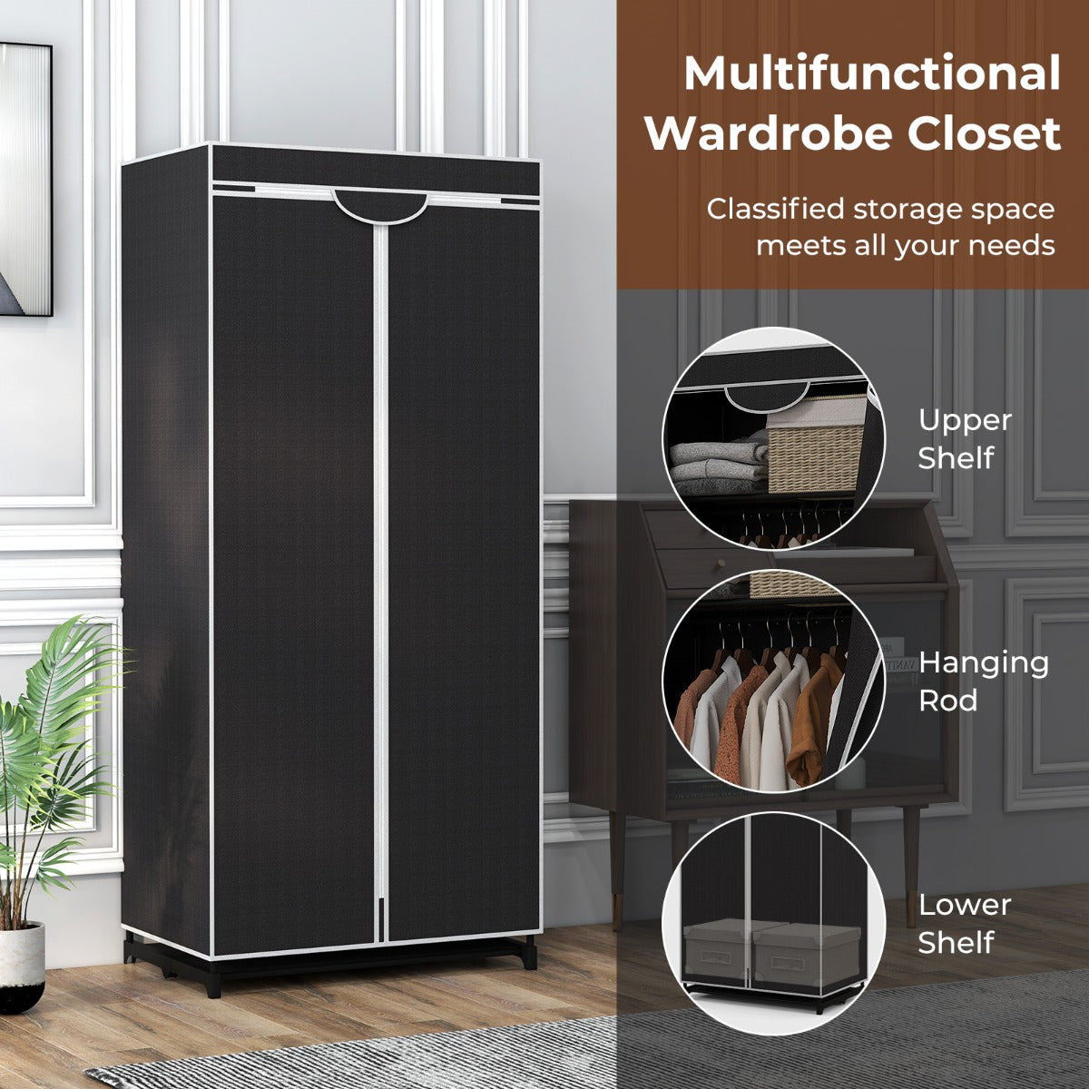 Portable Single Wardrobe with Dust-proof Cover and Zippers for Garments/Shoes/Toys