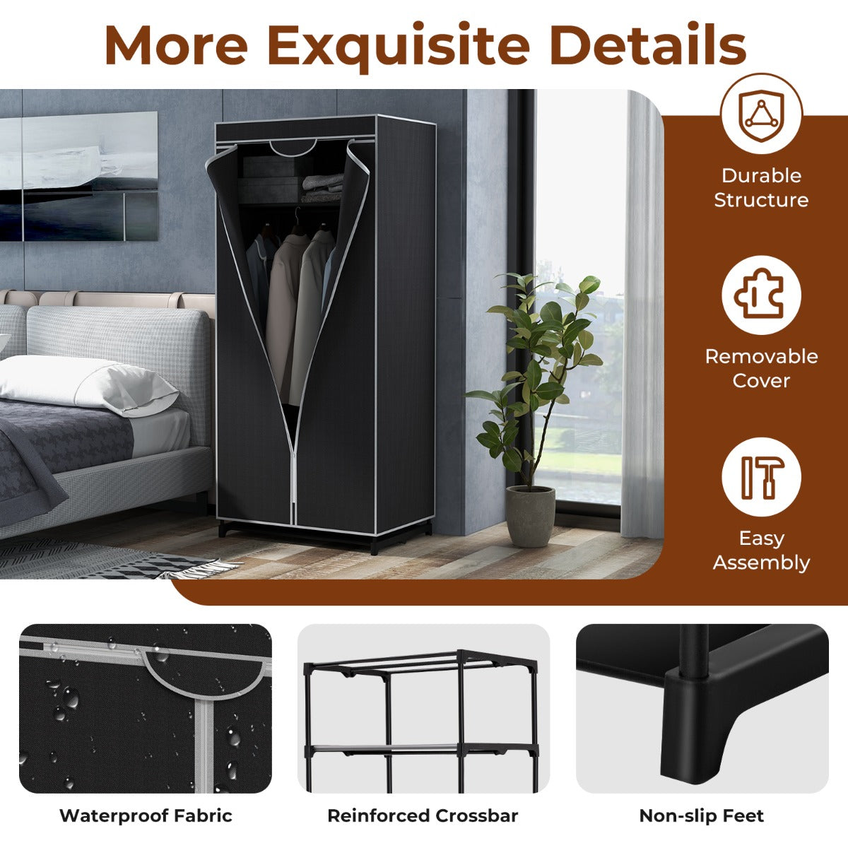 Portable Single Wardrobe with Dust-proof Cover and Zippers for Garments/Shoes/Toys