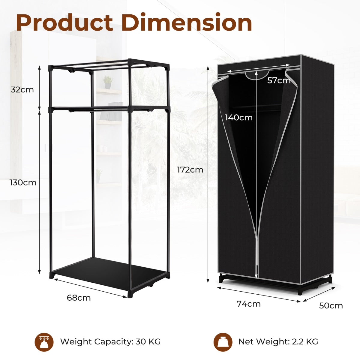Portable Single Wardrobe with Dust-proof Cover and Zippers for Garments/Shoes/Toys