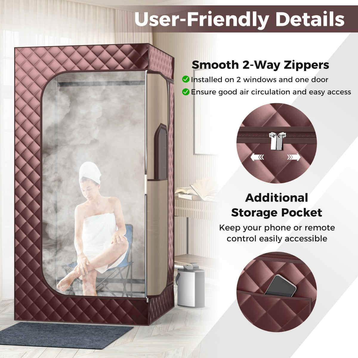 Portable Steam Sauna Full Body Sauna Box with 3L Steam Generator-Coffee