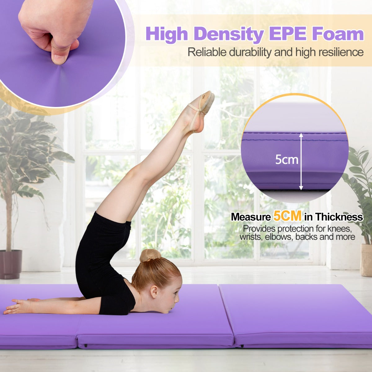 180 x 60 cm Portable 3-Fold Tumbling Mat with 2 Handles and Premium EPE Filler-Purple