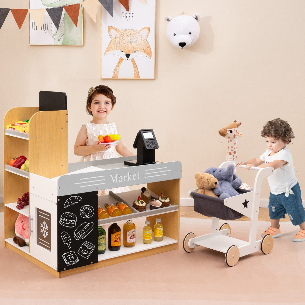 Pretend Play Grocery Store Set with Shopping Cart and 2 Chalkboards-White