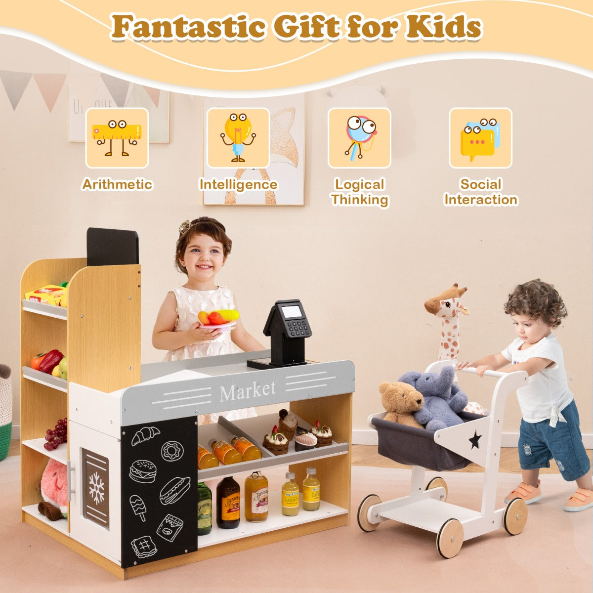 Pretend Play Grocery Store Set with Shopping Cart and 2 Chalkboards-White