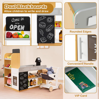 Pretend Play Grocery Store Set with Shopping Cart and 2 Chalkboards-White