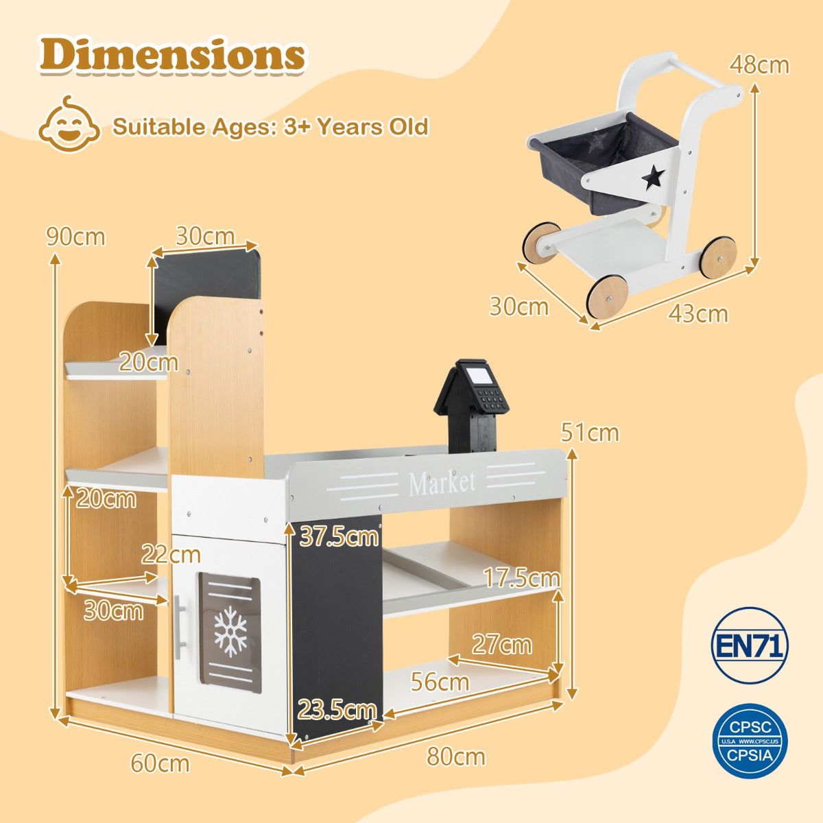 Pretend Play Grocery Store Set with Shopping Cart and 2 Chalkboards-White