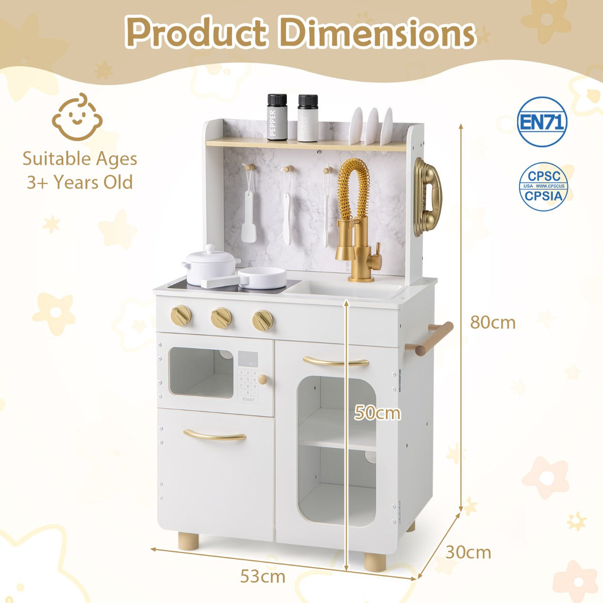 Pretend Play Kitchen with Stoves and Faucet for Boys and Girls 3+ Years Old-White