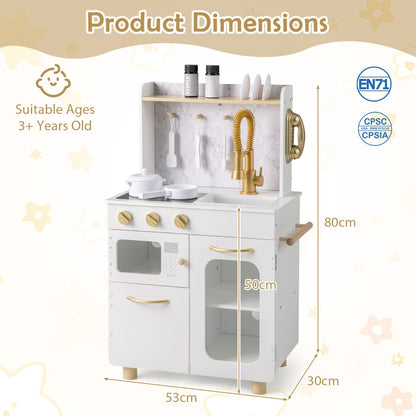 Pretend Play Kitchen with Stoves and Faucet for Boys and Girls 3+ Years Old-White