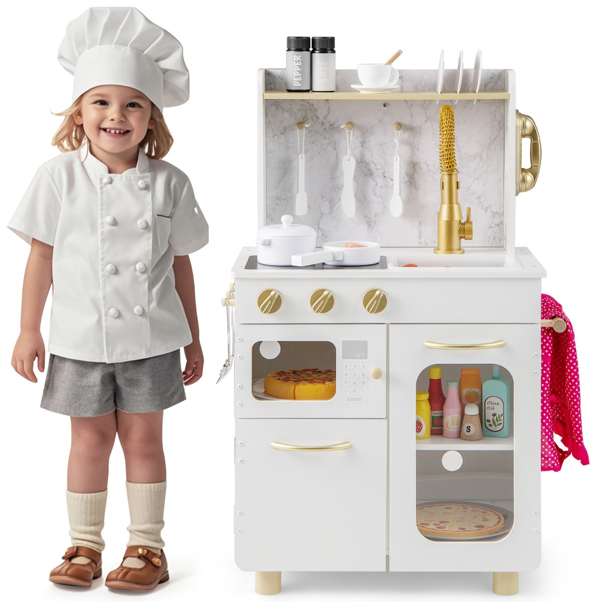 Pretend Play Kitchen with Stoves and Faucet for Boys and Girls 3+ Years Old-White