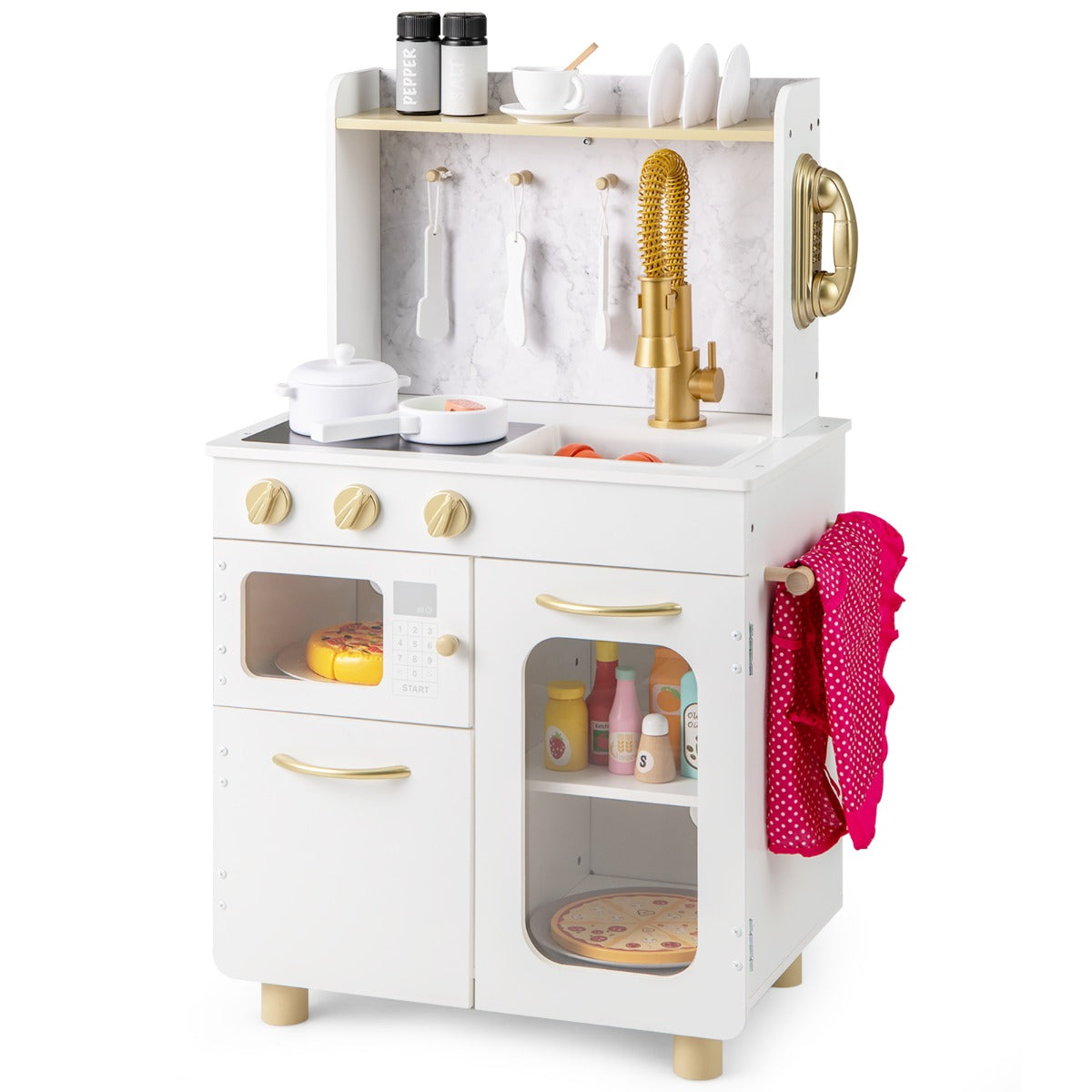 Pretend Play Kitchen with Stoves and Faucet for Boys and Girls 3+ Years Old-White