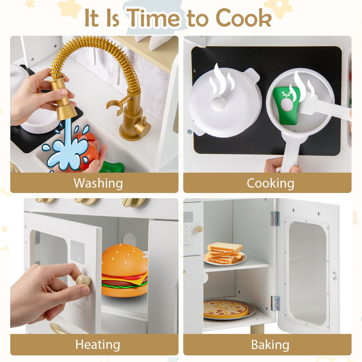 Pretend Play Kitchen with Stoves and Faucet for Boys and Girls 3+ Years Old-White
