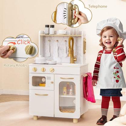Pretend Play Kitchen with Stoves and Faucet for Boys and Girls 3+ Years Old-White