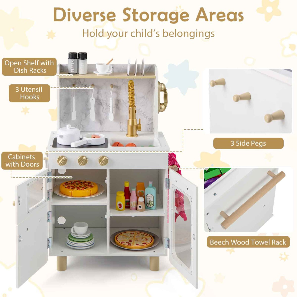 Pretend Play Kitchen with Stoves and Faucet for Boys and Girls 3+ Years Old-White
