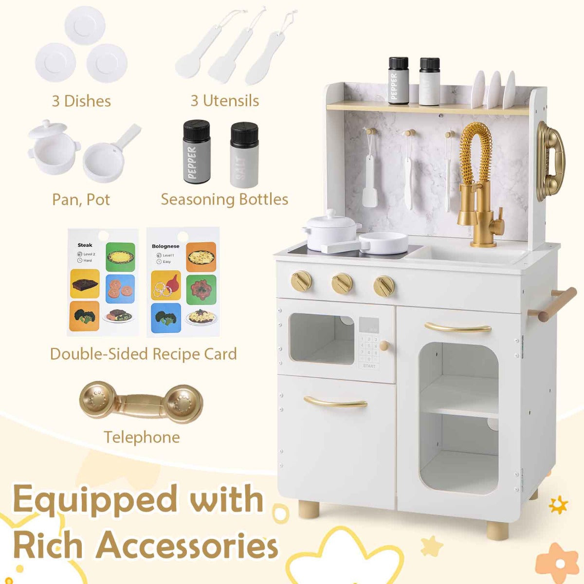 Pretend Play Kitchen with Stoves and Faucet for Boys and Girls 3+ Years Old-White