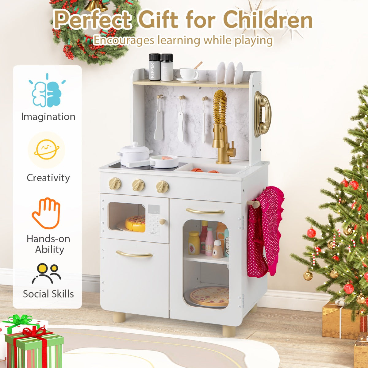 Pretend Play Kitchen with Stoves and Faucet for Boys and Girls 3+ Years Old-White