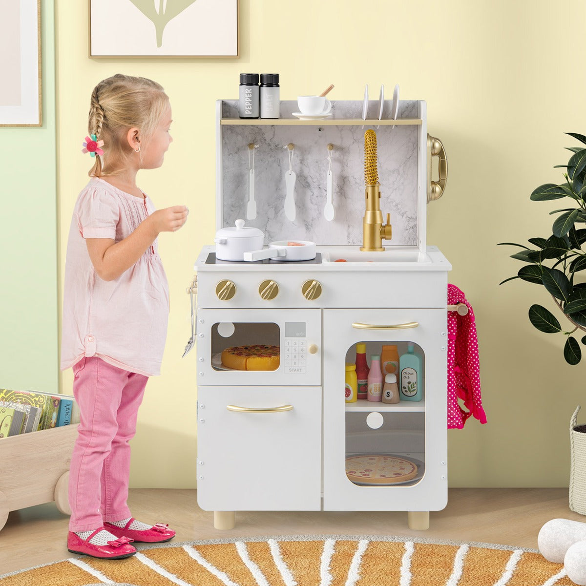 Pretend Play Kitchen with Stoves and Faucet for Boys and Girls 3+ Years Old-White
