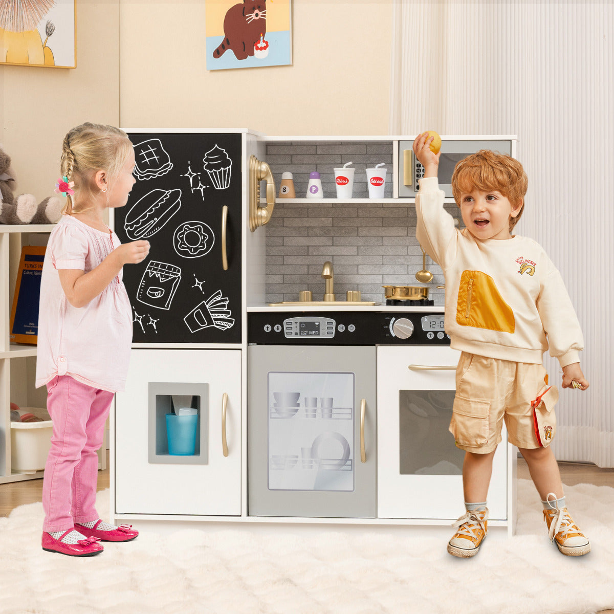 Pretend Play Kitchen with Accessories and Simulated Sounds-Beige