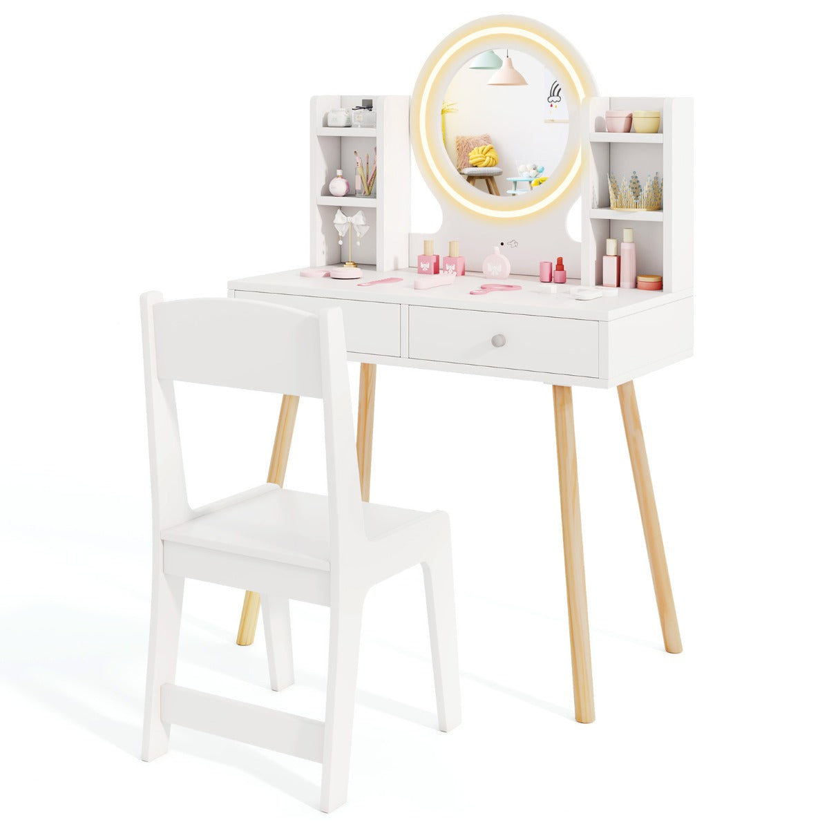 Princess Dressing Table and Chair Set with 2-Color Front Lit Mirror-White