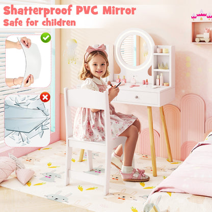 Princess Dressing Table and Chair Set with 2-Color Front Lit Mirror-White