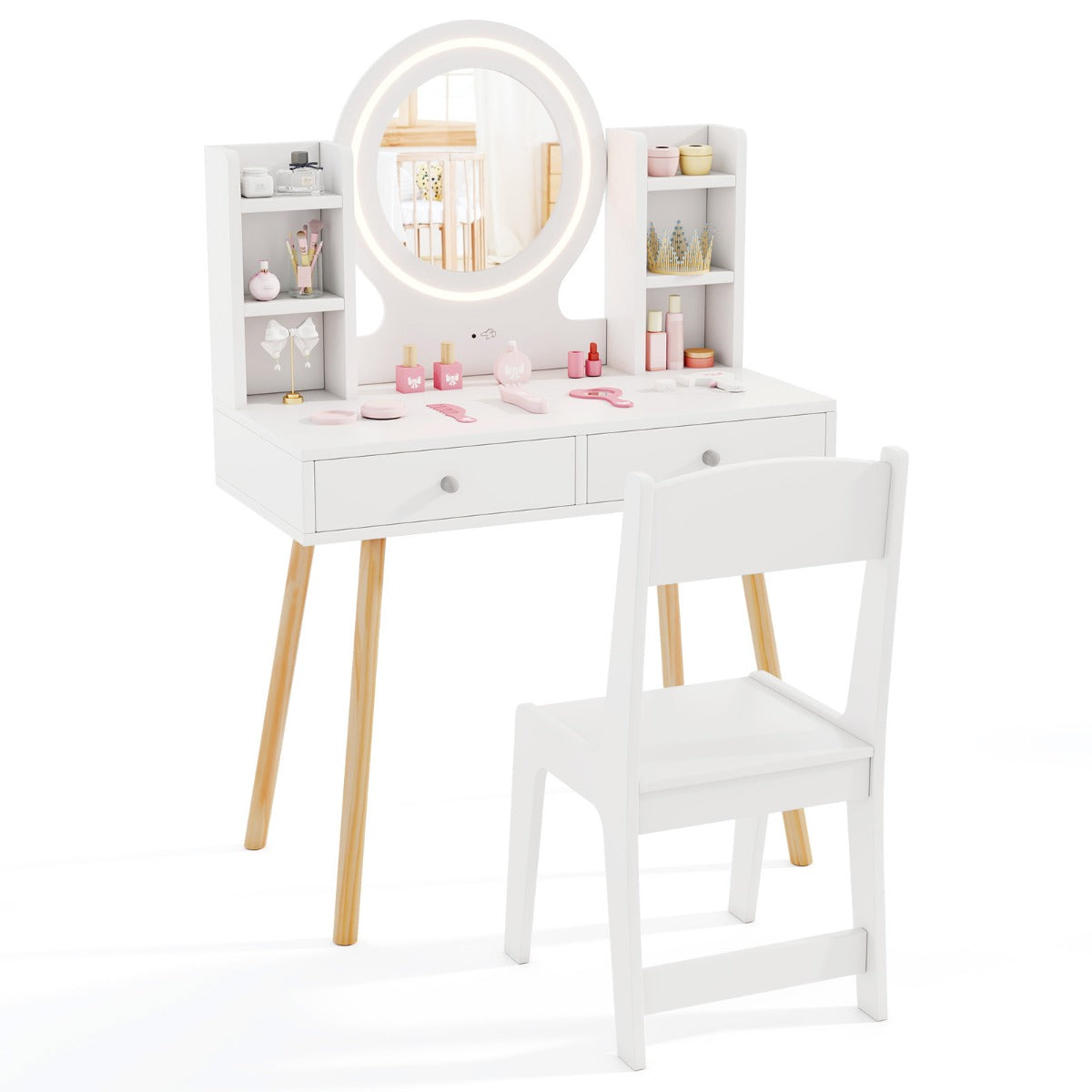 Princess Dressing Table and Chair Set with 2-Color Front Lit Mirror-White