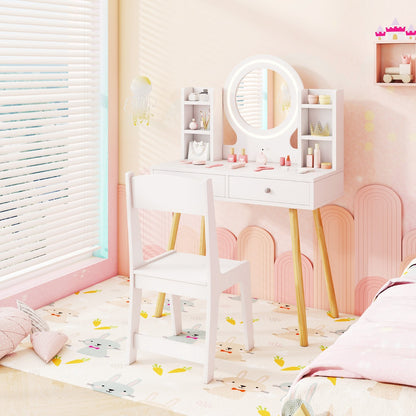 Princess Dressing Table and Chair Set with 2-Color Front Lit Mirror-White