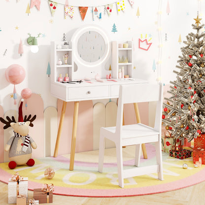 Princess Dressing Table and Chair Set with 2-Color Front Lit Mirror-White