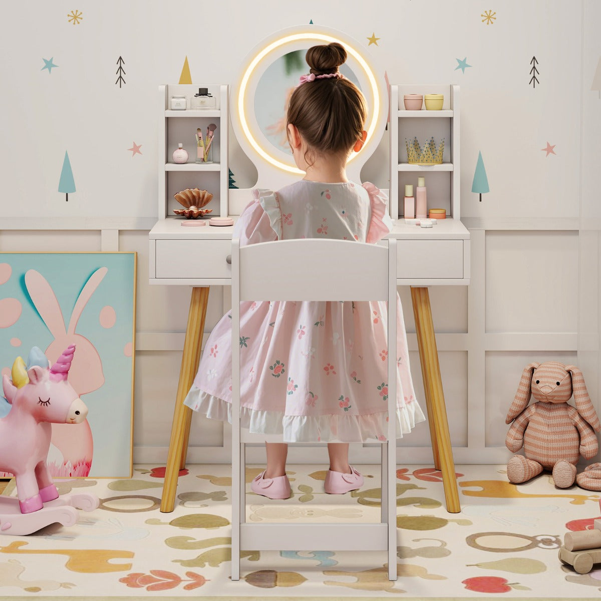 Princess Dressing Table and Chair Set with 2-Color Front Lit Mirror-White