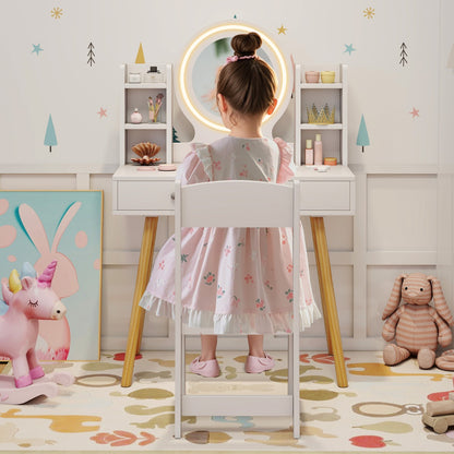 Princess Dressing Table and Chair Set with 2-Color Front Lit Mirror-White
