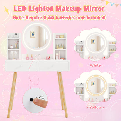 Princess Dressing Table and Chair Set with 2-Color Front Lit Mirror-White