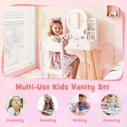 Princess Dressing Table and Chair Set with 2-Color Front Lit Mirror-White
