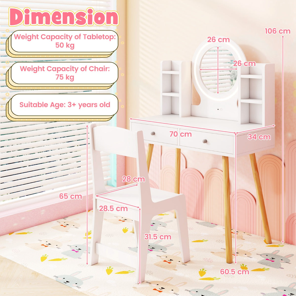 Princess Dressing Table and Chair Set with 2-Color Front Lit Mirror-White