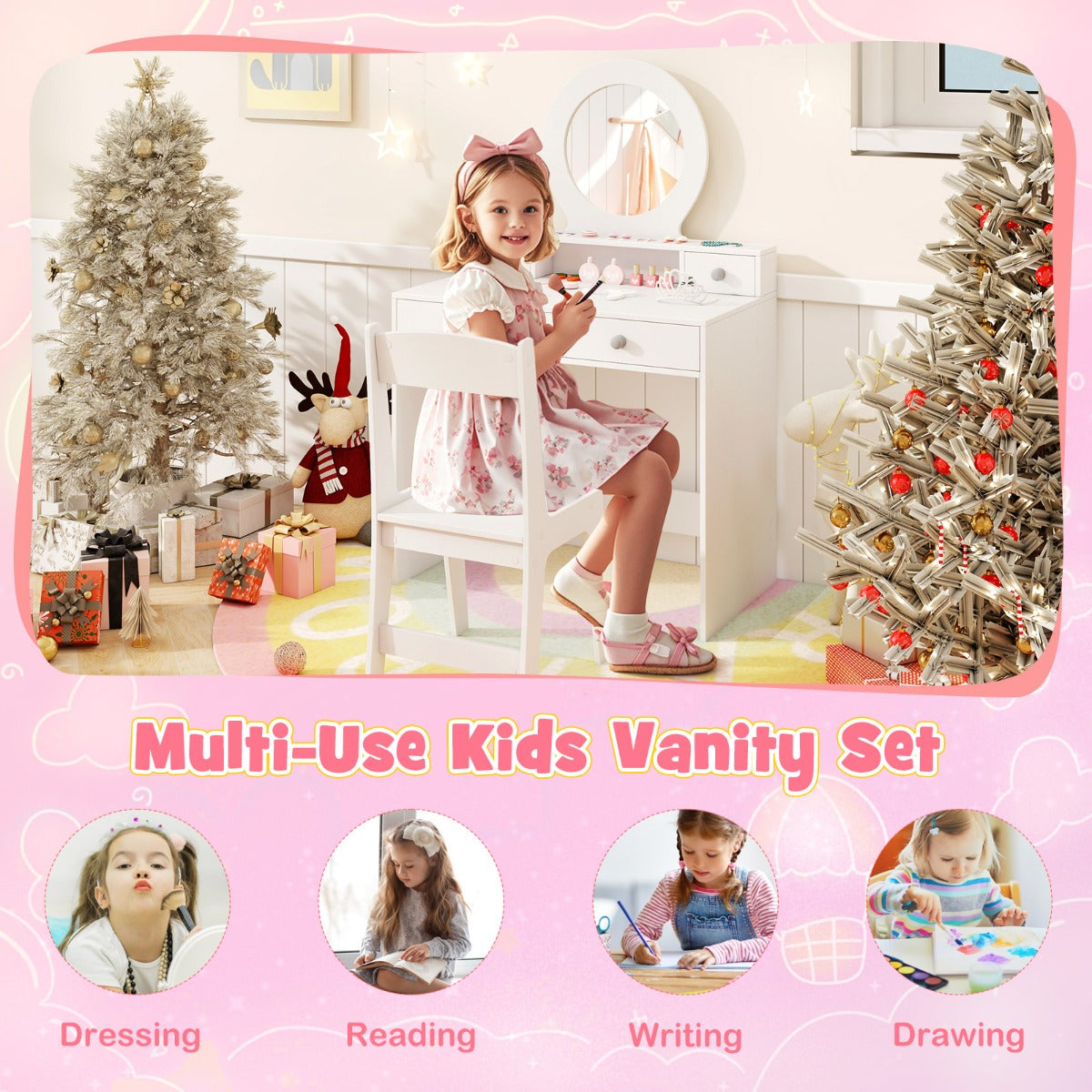 Princess Makeup Dressing Desk and Chair Set with Mirror-White