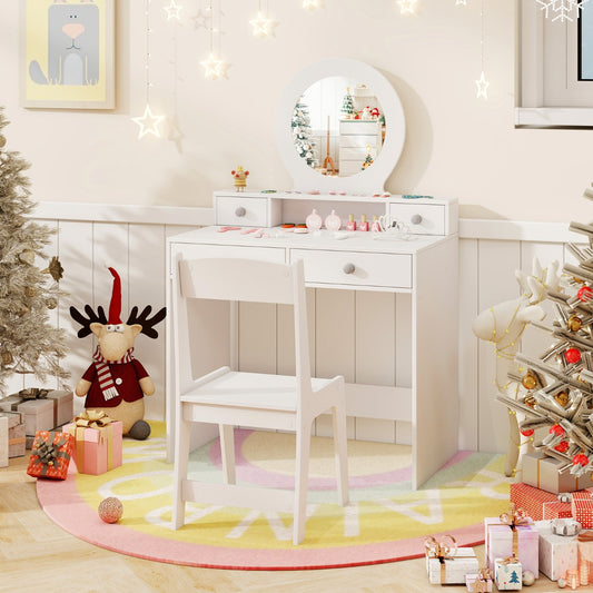 Princess Makeup Dressing Desk and Chair Set with Mirror-White