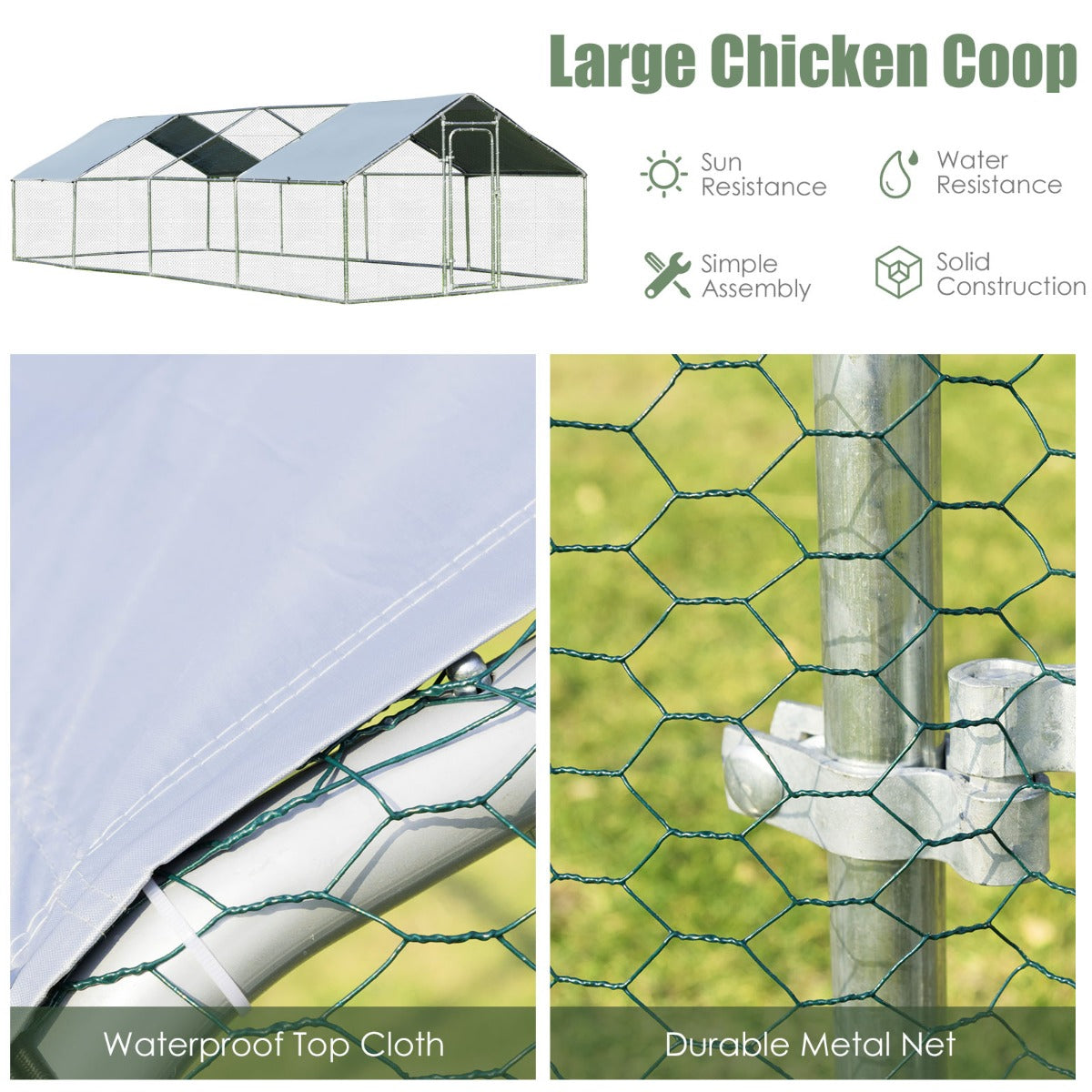 Large Walk In Chicken Coop Run House Shade Cage with Roof Cover Backyard-3m x 8m x 1.95m